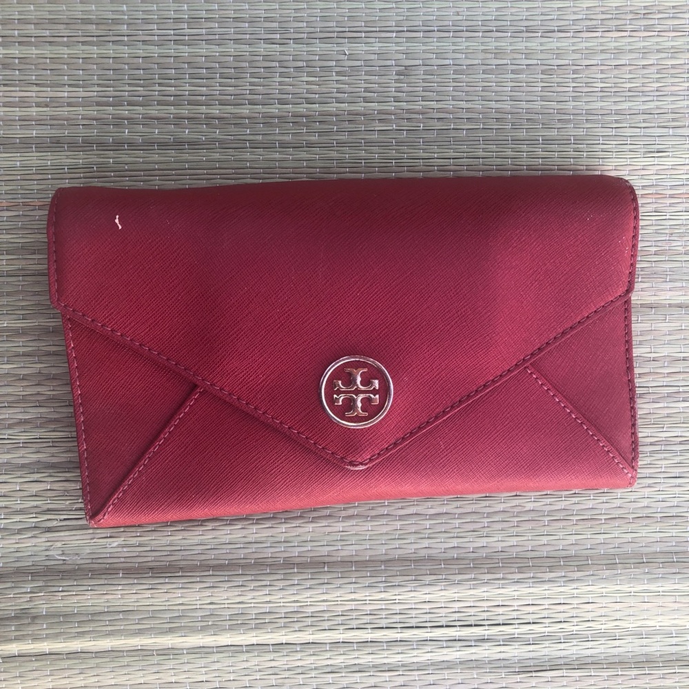Tory Burch Red Envelope Leather Wallet with Logo Medallion